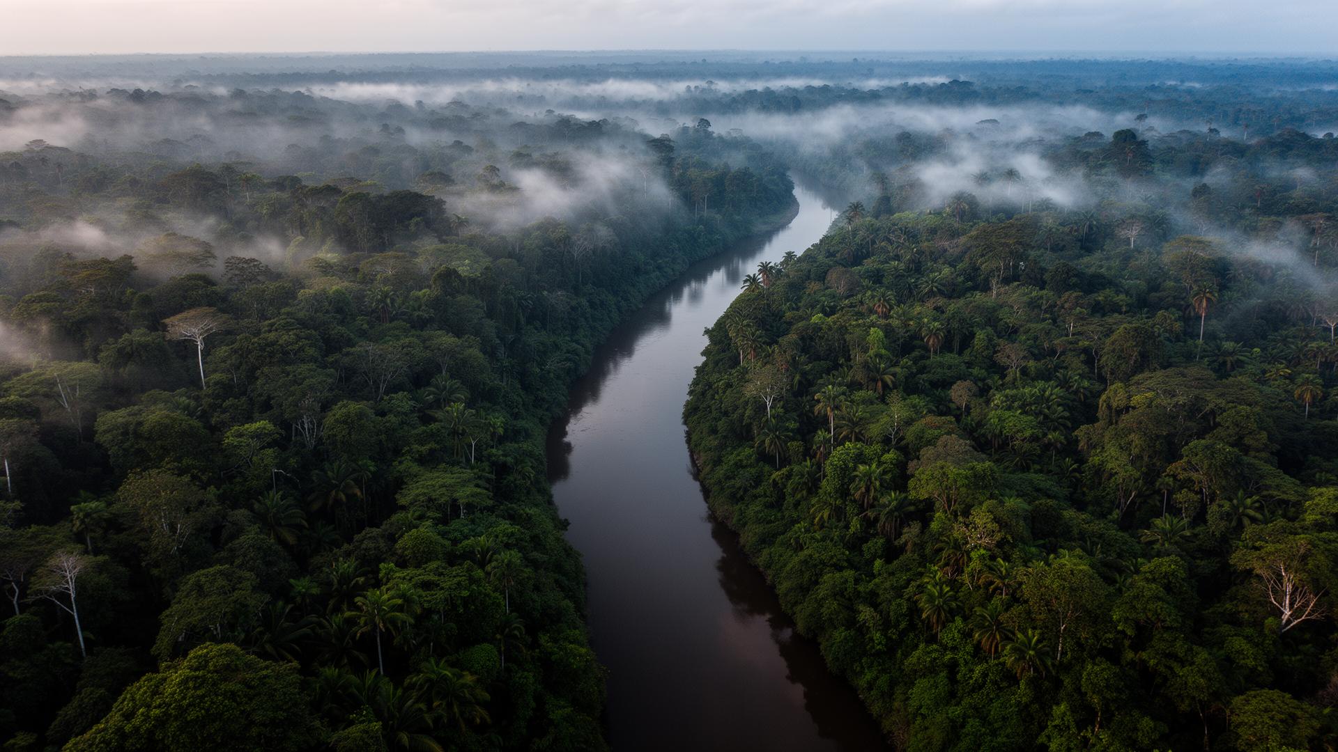Aerial view of a river winding through tropical forest